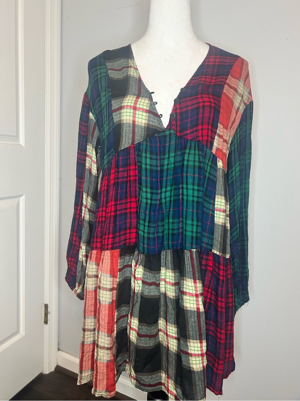 Current Mood Red and Navy Plaid Button-Up Dress